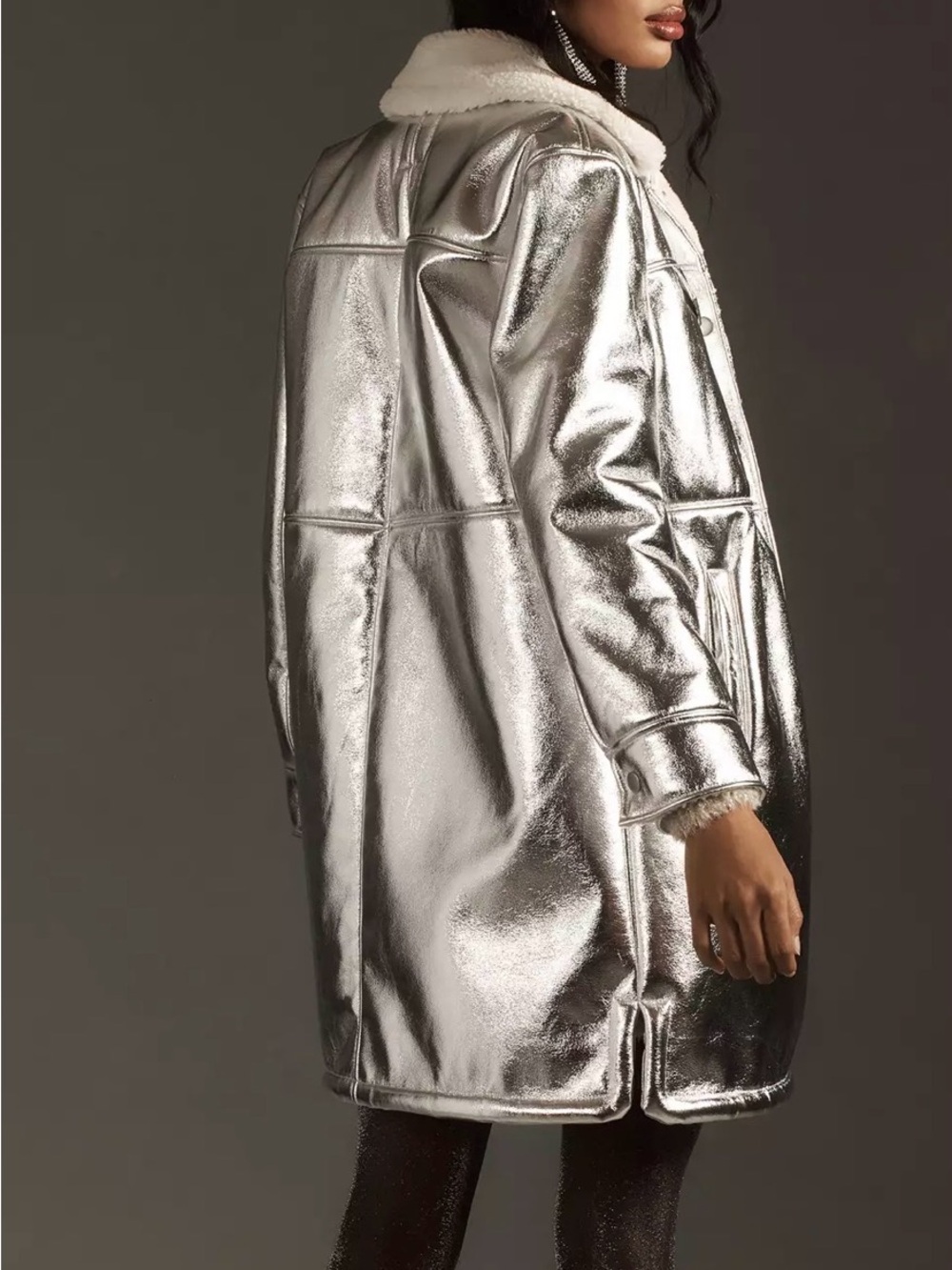 EUC Anthropologie Avec Les Filles szL Metallic Silver Sherpa lined long Coat… - Picture 3 of 9